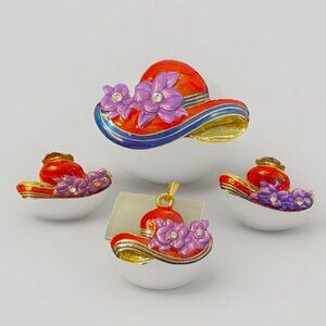 Red Hat Jewelry Set 4 Pieces Brooch Clip Earrings Pendant for Necklace No Chain